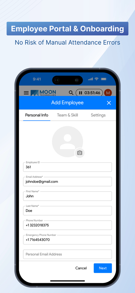 Moon HRM: HR & Employee Portal - Interfaz de la aplicación Moon HRM que muestra la pantalla de agregar empleado para la incorporación digital