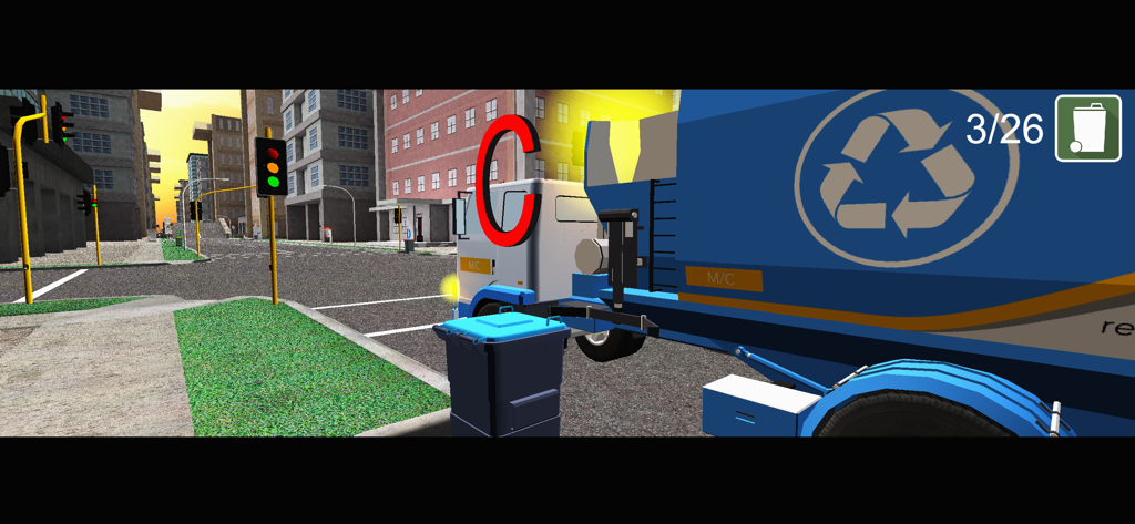 A blue recycling truck in a 3D city collecting a large red letter C for alphabet learning.