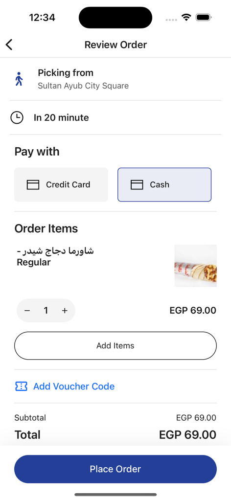 Checkout screen of Sultan Ayub app displaying an order for chicken shawarma and payment methods