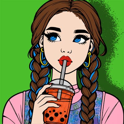 realistic girl with braided hair drinking boba
