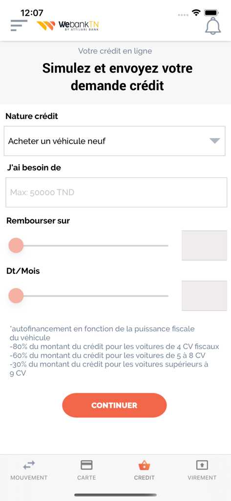 Webank - Webank mobile app screen for simulating a vehicle credit request