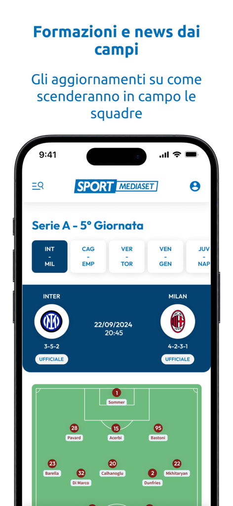 SportMediaset - Pantalla de la aplicación SportMediaset mostrando las alineaciones oficiales de fútbol de la Serie A y tácticas para Inter contra Milan.