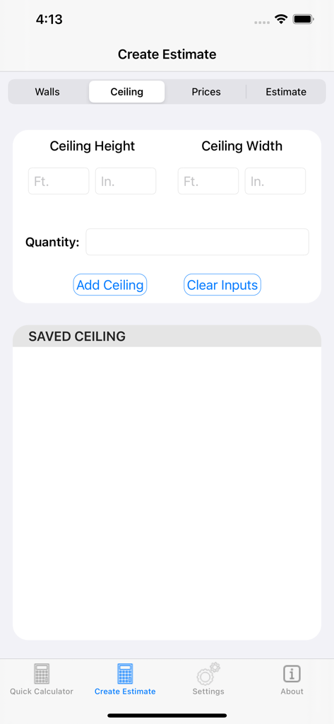 Calculate Drywall - Drywall calculator interface for entering ceiling height and width to create an estimate