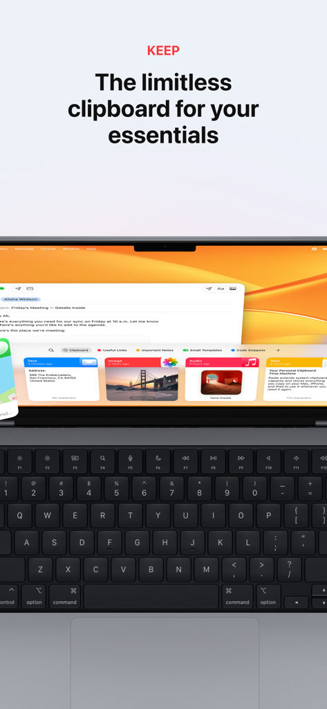 Paste – Limitless Clipboard - Paste app interface on a MacBook showing a visual clipboard history with text, image, and audio cards.