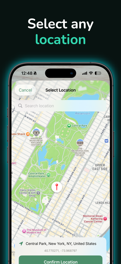 A mobile screen showing a map of New York City with a red pin dropped on Central Park to select a new GPS location.