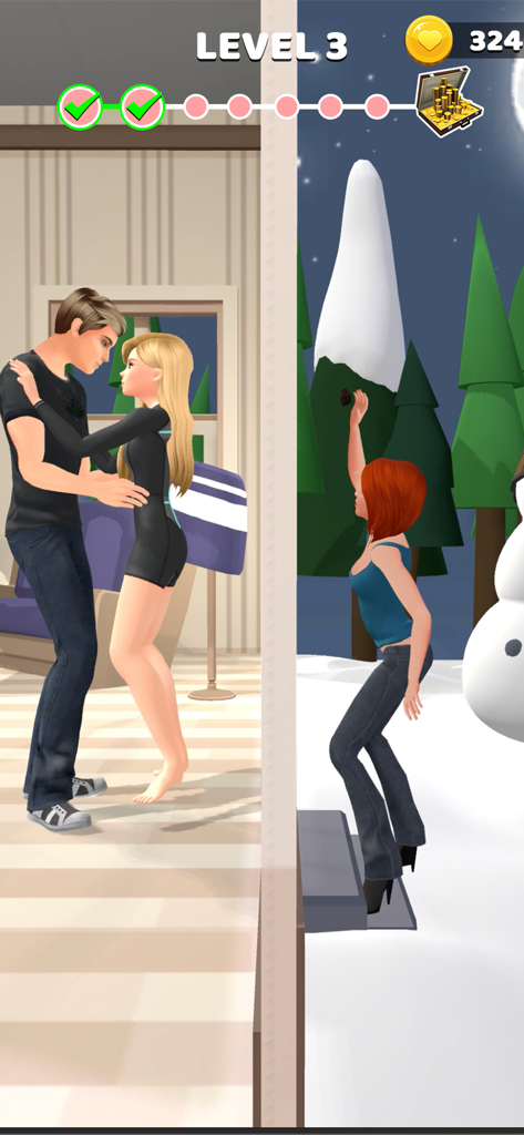 Split screen view of characters in different settings from the Couple Life 3D mobile game