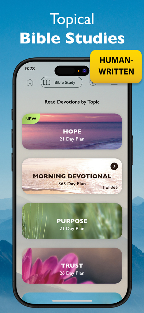 Sprinkle of Jesus app screen displaying human-written daily devotion plans for Hope, Purpose, and Trust.