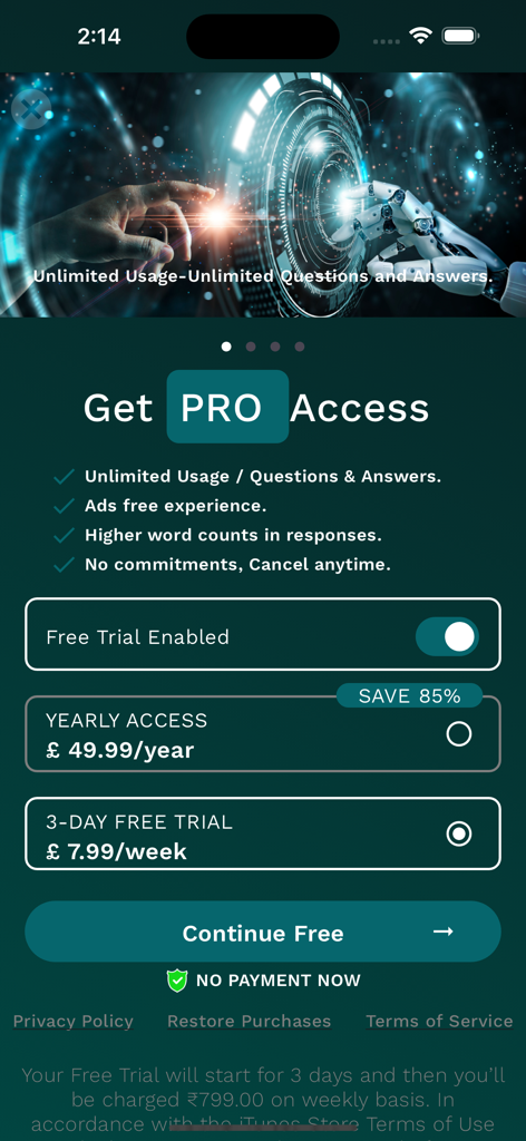 ChatPro - AI Assistant - Subscription screen for ChatPro AI Assistant showing pro access plans and premium features