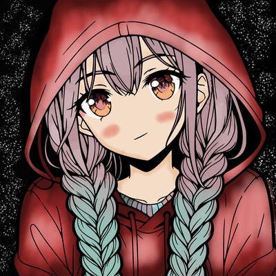 anime girl with long braids and hoodie