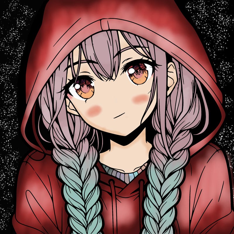 anime girl with long braids and hoodie