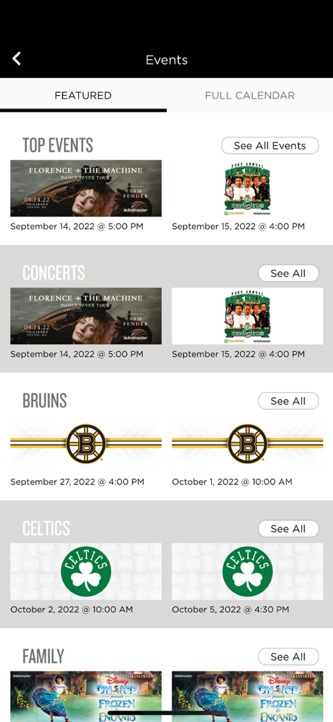 TD Garden Hub - TD Garden Hub app featuring a list of upcoming events including concerts, Bruins and Celtics games, and family shows.