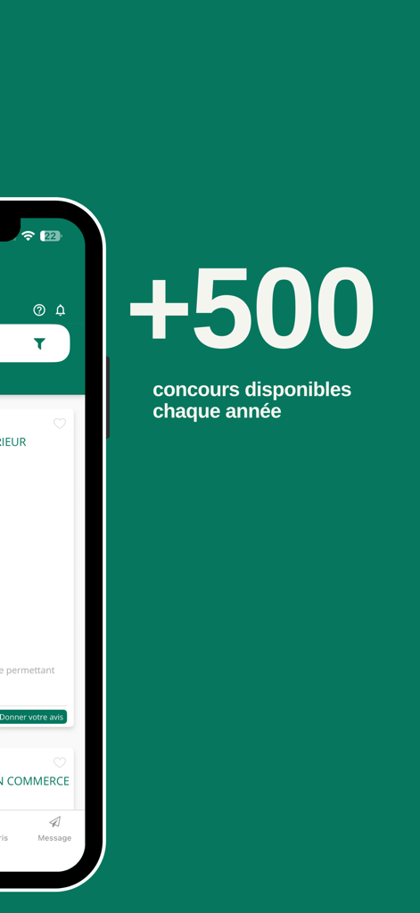 Mobile Benutzeroberfläche der Concours Hub App zeigt über 500 jährlich verfügbare Auswahlprüfungen