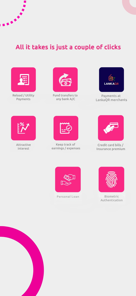 LB CIM - Pantalla de la aplicación LB CIM mostrando características como pagos de facturas, transferencias de fondos y préstamos personales