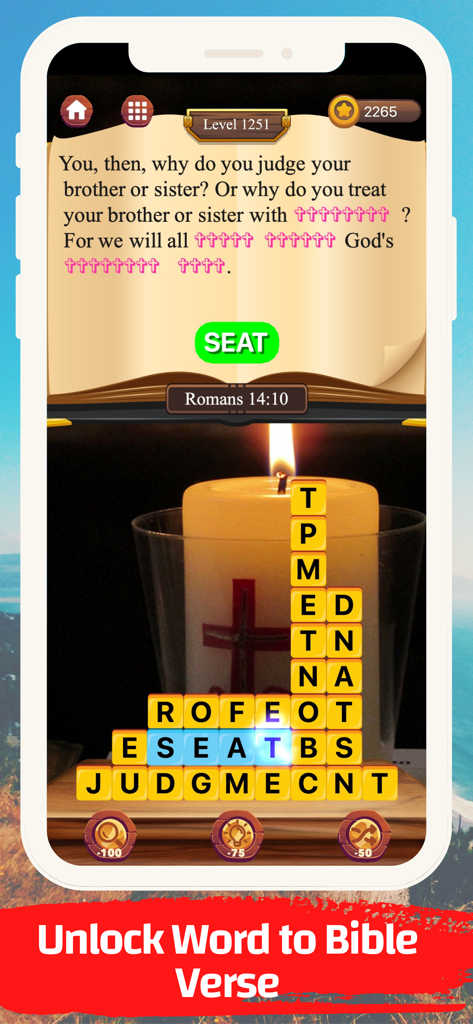 Bible Verse Word Puzzle - Bible Verse Word Puzzle game interface showing word stacks and a scripture verse from Romans