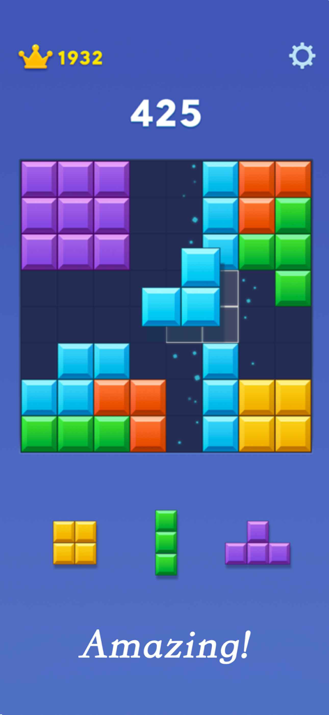 Écran de jeu du puzzle Block Blast avec des blocs colorés et un score de 425