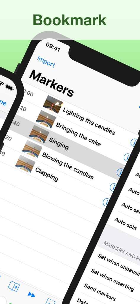 Audio Memos SE: Record Voice - Interfaz de la aplicación Audio Memos SE mostrando una lista de marcadores y favoritos con marcas de tiempo y miniaturas de fotos para una fácil navegación en una grabación.