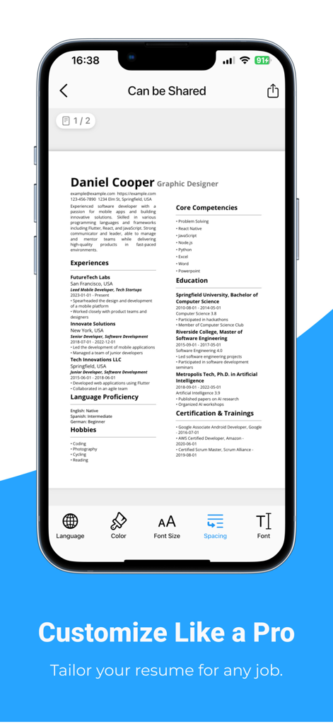 Interface do aplicativo móvel mostrando ferramentas de personalização de currículo profissional para fontes, cores e espaçamento
