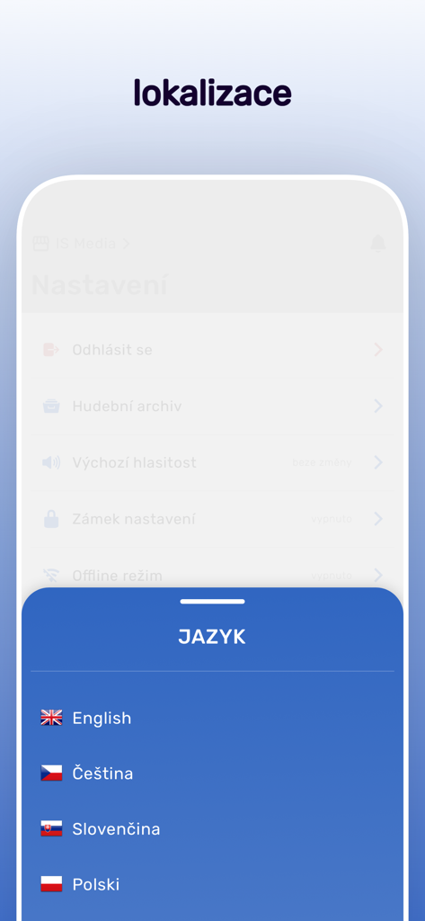 Interfaz de la aplicación Dirigent que muestra opciones de localización de idiomas, incluyendo inglés, checo, eslovaco y polaco.