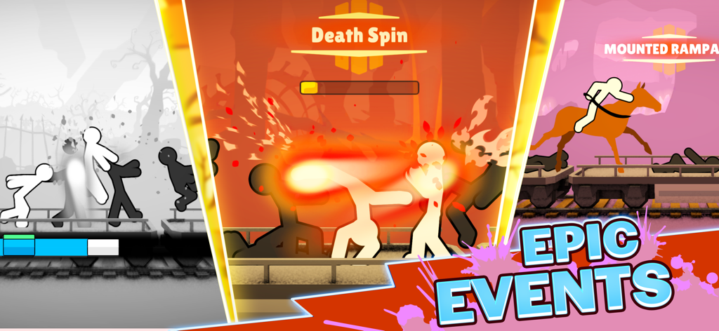 Un collage montrant différents modes de jeu dans Stick Fight Shadow Warrior 3, y compris Death Spin et Mounted Rampage