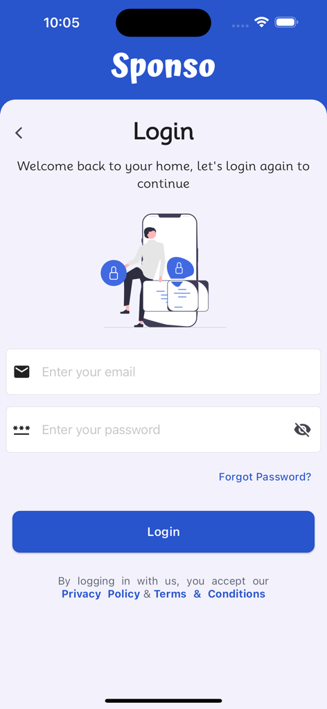 Sponso® - Creator Sponsorships - Login screen of Sponso Creator Sponsorships app showing email and password input fields with a blue login button.