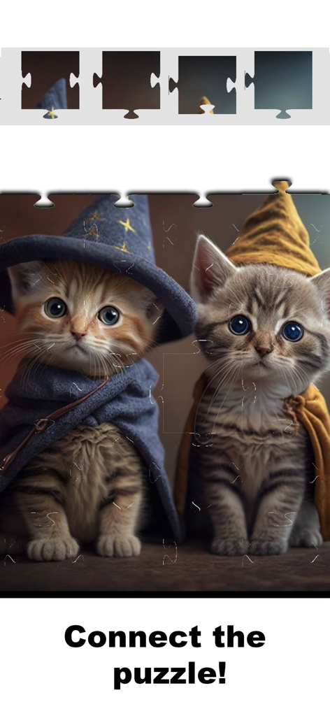 魔法使いの帽子とマントを着た2匹の子猫が登場する、デジタルジグソーパズルゲーム。