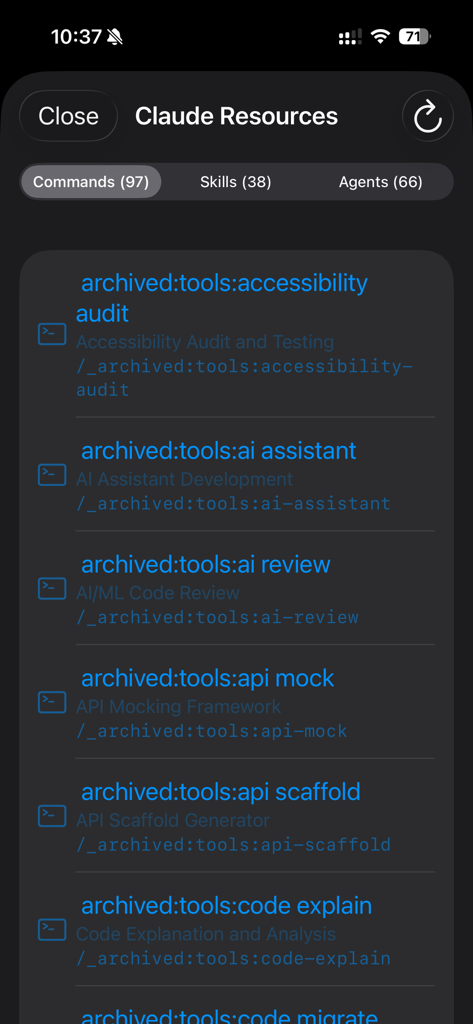 Claudette Mobile - Screenshot of the Claude Resources section in the Claudette Mobile app showing a list of AI commands for developers.