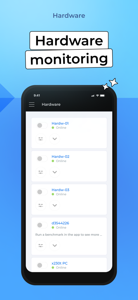Kryptexモバイルアプリのダッシュボードには、マイニングハードウェアのリストとそのオンラインステータスが表示されています