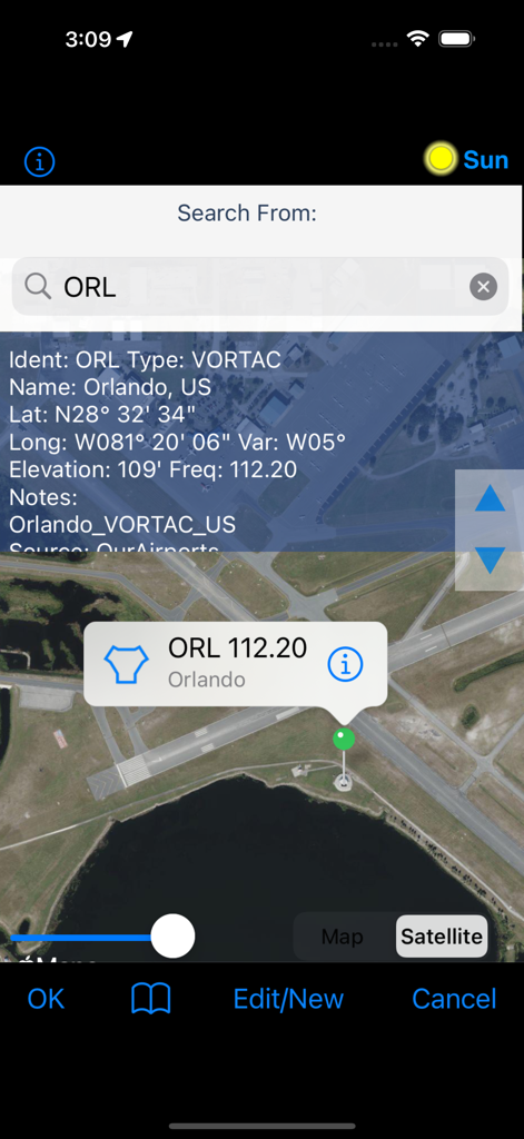 FlyBy Nav - FlyBy Nav app interface showing search results for the Orlando VORTAC waypoint with satellite map view and technical navigation data.