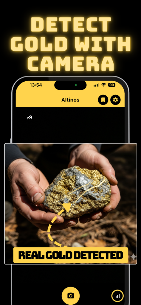 Gold Detector Altinos app interface showing a smartphone camera scanning a large gold nugget with the text Real Gold Detected