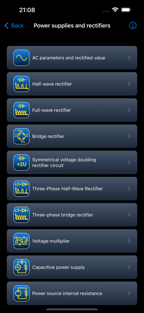 Electronic Circuits Calc Pro - A menu listing power supply and rectifier calculators within the Electronic Circuits Calc Pro app