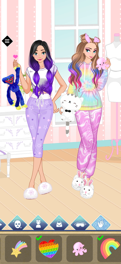 Sevelina BFF Dress Up Game - カラフルなパジャマとぬいぐるみがあるパジャマパーティーのシーンの二人の女の子キャラクター