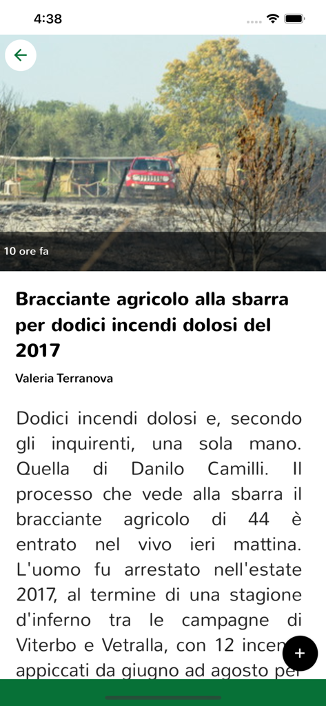 Corriere di Viterbo - A news article headline and text in Italian on the Corriere di Viterbo mobile app showing a report about a local trial.