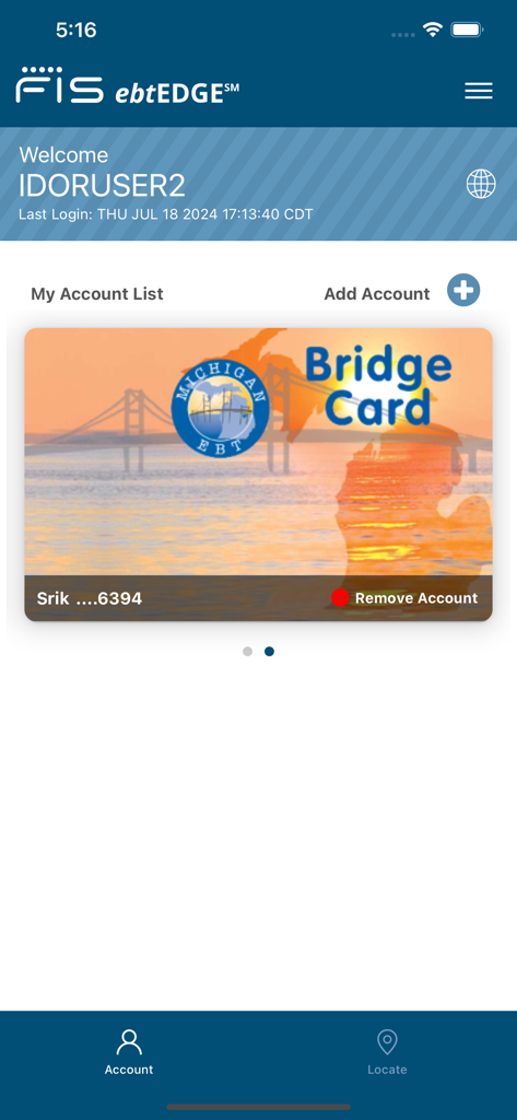 ebtEDGE - Dashboard dell'app mobile ebtEDGE che mostra una Michigan Bridge Card per i benefici EBT