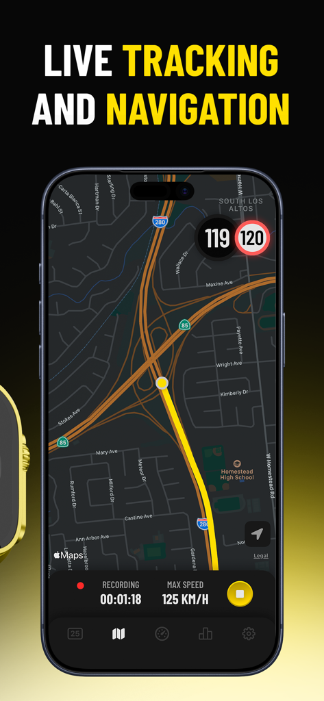 Speedometer: GPS Tracker - La aplicación Speedometer GPS Tracker muestra navegación en vivo y velocidad en tiempo real en un mapa.
