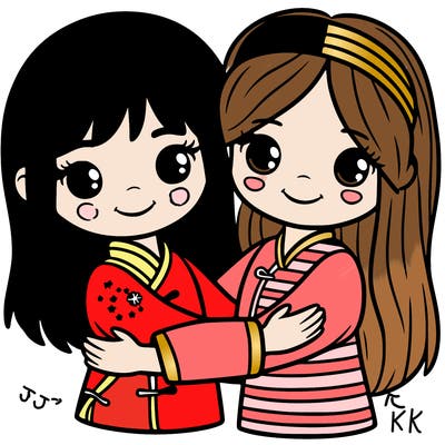 two besties hugging and one is from china and the other is american  girl