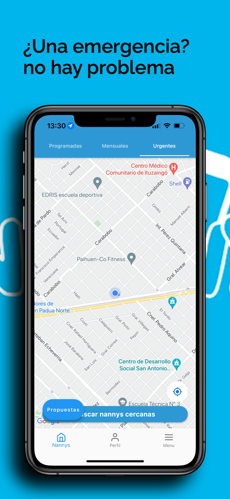 Nanny's app - Interfaz de smartphone de la App Nanny que muestra un mapa para localizar y reservar servicios de cuidado infantil de emergencia cercanos.