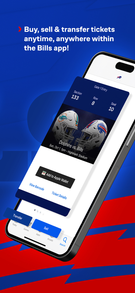 Tela do aplicativo Buffalo Bills Mobile mostrando recursos de gerenciamento digital de ingressos para compra, venda e transferência.