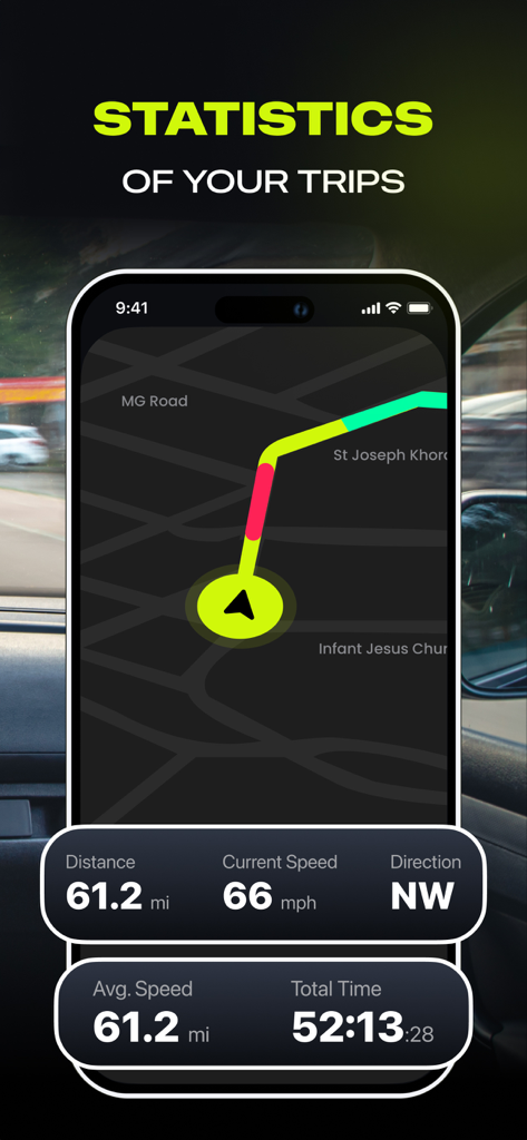 Mph Speedometer app display showing trip statistics, current speed, and a GPS map route tracking in a vehicle