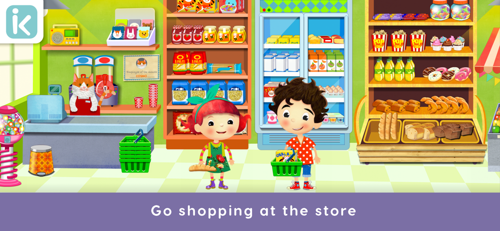 Peg and Pog characters in a colorful grocery store scene with food items on shelves and a cat behind the counter.