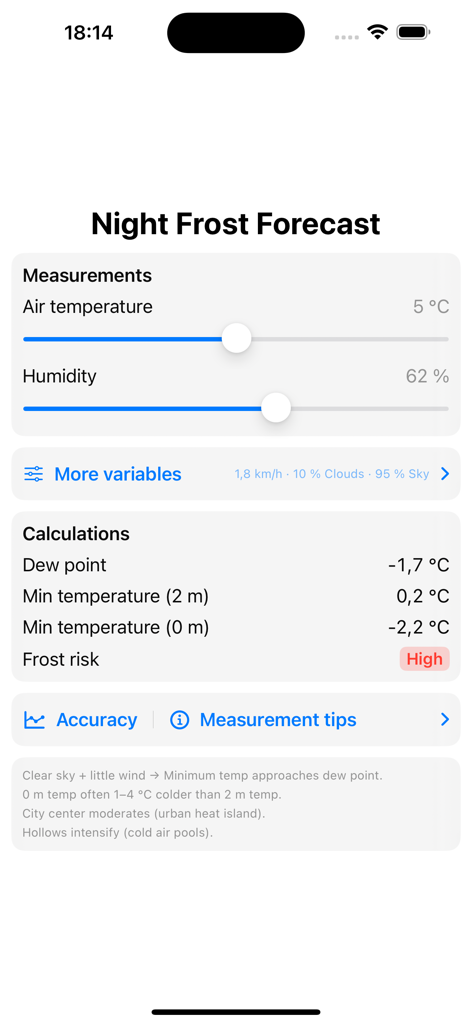 NightFrost app dashboard showing air temperature, humidity, and calculated frost risk levels