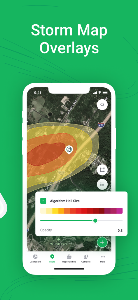 Hail Trace - Hail Trace app displaying storm map overlays with hail size algorithm heatmap on a mobile device
