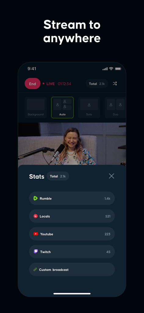 Mobile dashboard of Rumble Studio showing live viewer stats across Rumble Locals YouTube and Twitch