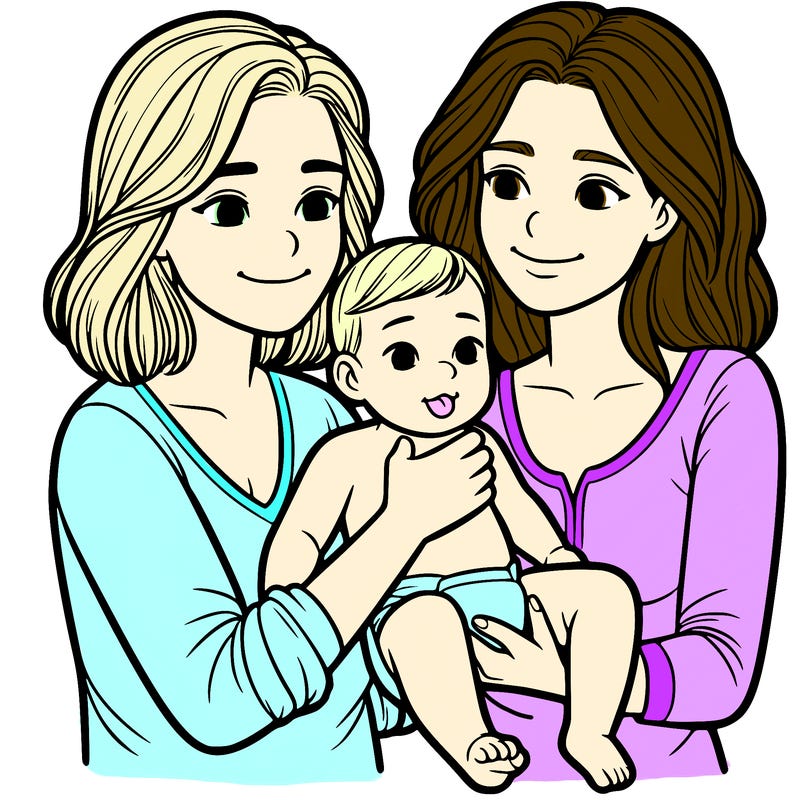 two realistic women holding one baby together