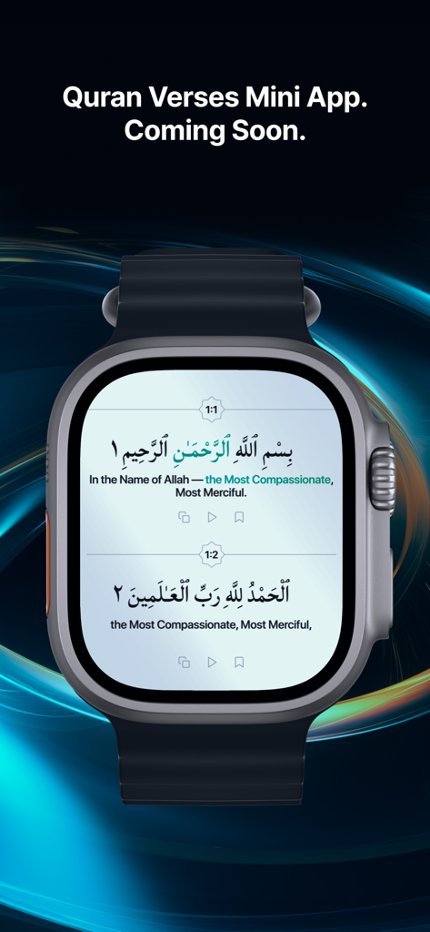 MM Chat: Muslim Social App - Display de smartwatch mostrando versículos do Alcorão com tradução em inglês do aplicativo MM Chat.