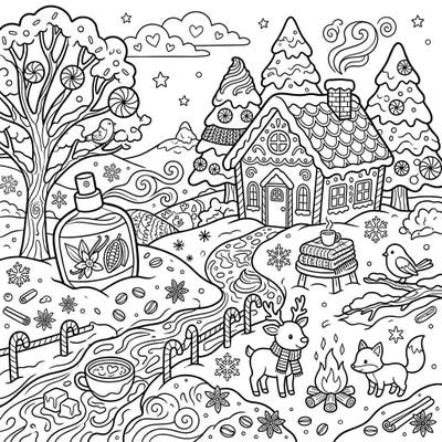 Step into a cozy winter scene brimming with the delightful aromas of sweet gourmand treats. This intricate coloring page blends festive charm with delicious details, inviting you to add your personal touch.