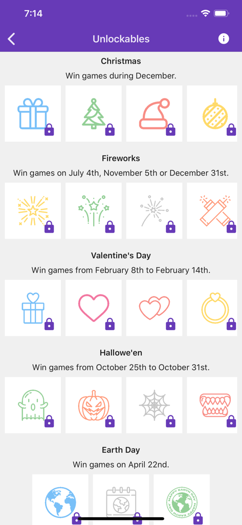 Tic Tac Toe Collection - The unlockables screen of the Tic Tac Toe Collection app showing seasonal themed icons for Christmas, Fireworks, Valentine's Day, and Halloween.