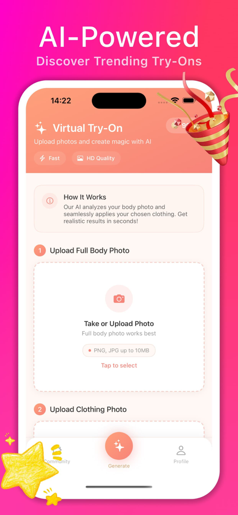 Talki - Fun & Share - Screenshot of the Talki app interface showing the steps for AI-powered virtual clothing try-on