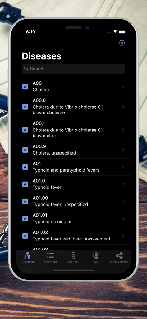 Mobile app interface displaying a list of ICD-10 CM disease codes and descriptions in dark mode.