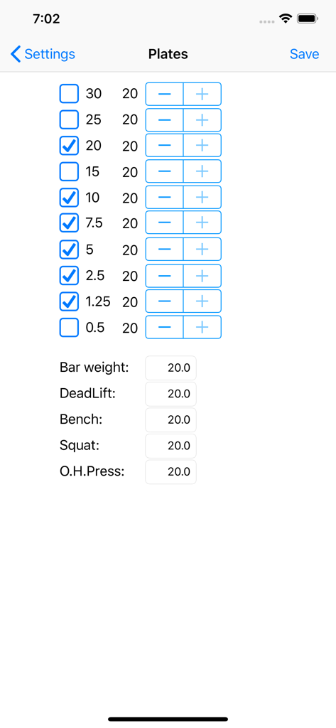 5/3/1 Workout logger - 531 - Einstellungsbildschirm für Gewichtsplatten und Stangengewicht im 5/3/1 Workout-App
