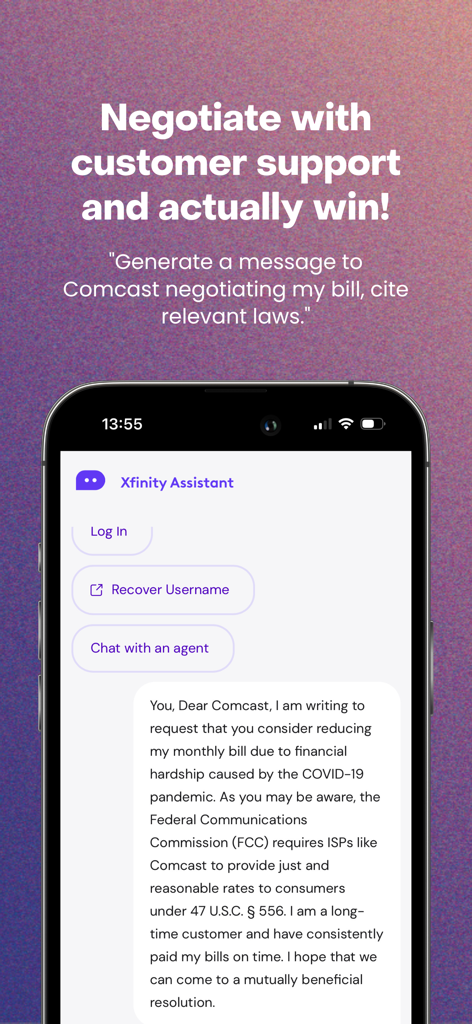 Screenshot showing Rizz AI drafting a customer support message to lower a bill